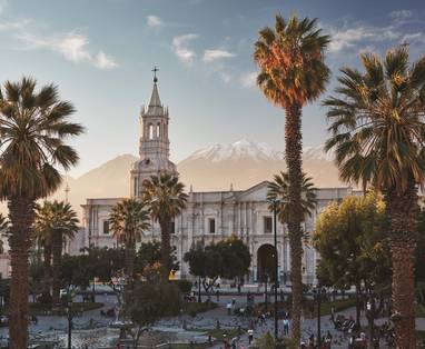 De stad Arequipa met op de voorgrond palmbomen en op de achtergrond de besneeuwde bergtoppen van de Andes.