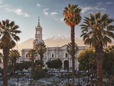 De stad Arequipa met op de voorgrond palmbomen en op de achtergrond de besneeuwde bergtoppen van de Andes. 