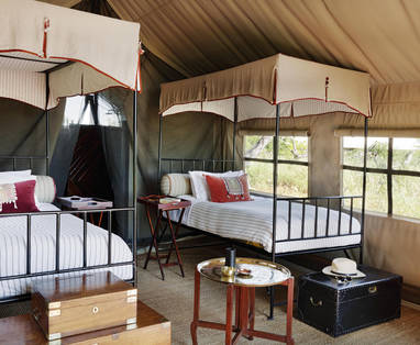 Interieur slaapkamer bij Camp Kalahari in Botswana