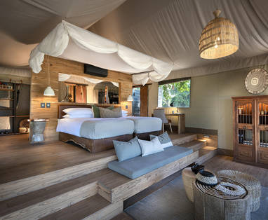 Inrichting slaapkamer bij Nyamatusi Camp, Mana Pools NP in Zimbabwe
