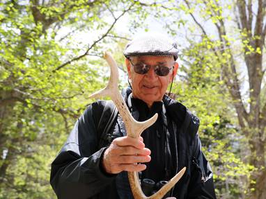 Man tijdens wandeling in het bos bij het meer van Akan