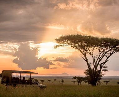 Safari bij zonsondergang in Singita Grumeti Reserve van de Serengeti