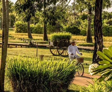 Fietser in de tuinen bij Phum Baitang nabij Siem Reap